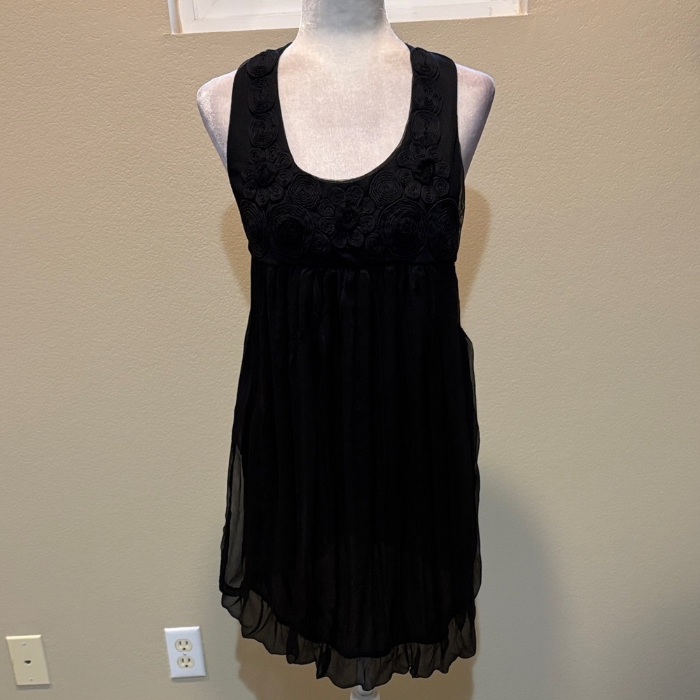 French Kiss Silk Sleeveless Dress w/Floral Accents Ballon Hem & Halter Back-M